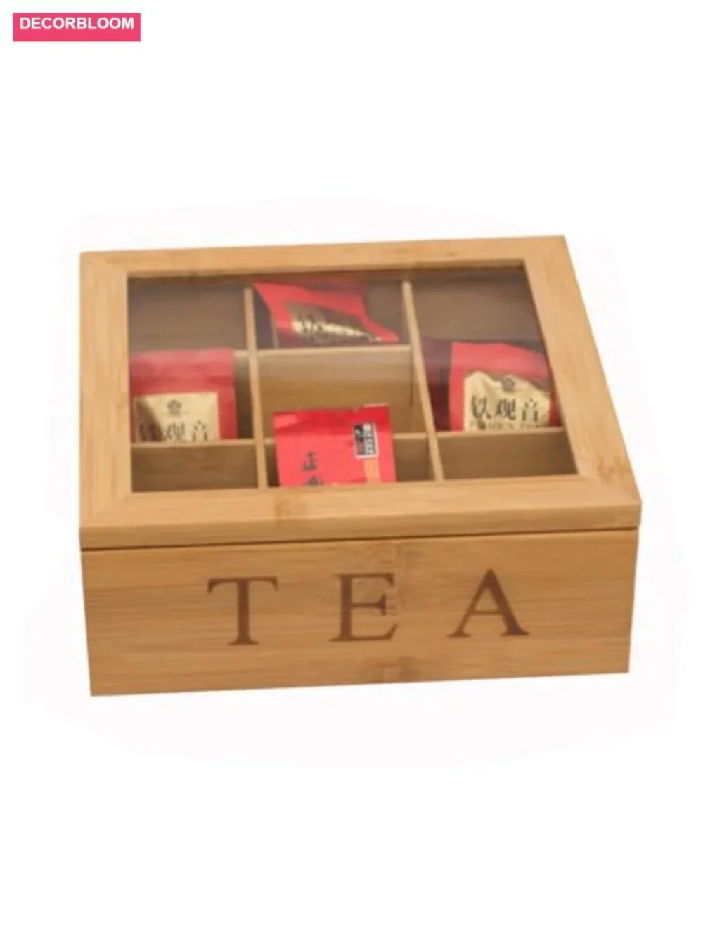 Bamboo Tea Box Organizer with 9 Compartments and Glass Lid for Home Office